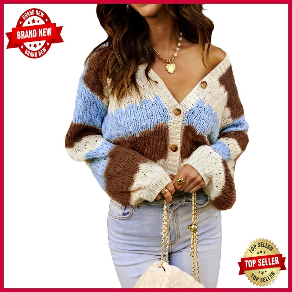 Oversized Chunky Cable Knit Cardigan, Striped Color Block, Open Front